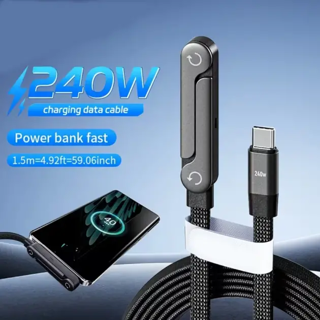 High Power Braided Type-C Cable with Foldable Stand, All-in-one Fast Charging Wire for iPhone iPad, Xiaomi, Honor Gaming Devices
