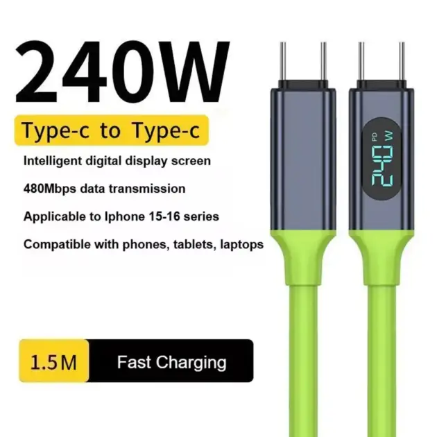 240W Type C to Type C Cable Phone Super Fast Charging Cable With LED Display USB To Type-C Data Cord For iPhone Xiaomi Samsung
