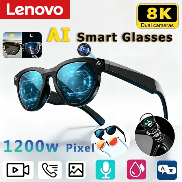 Lenovo 1200MP 8KHD AI Smart Glasses Color Changing Chat GPT AI Translate Camera Bluetooth Call Voice Assistant Music Control Men