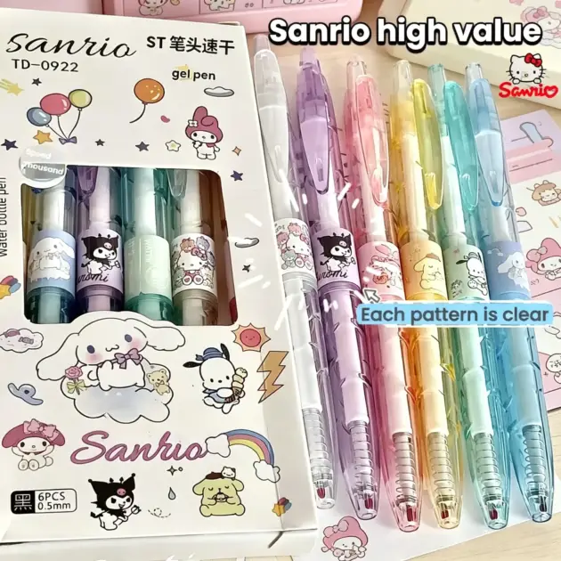 6Pcs Kawaii Gel Pen Set My Melody Hello Kitty Cat Kuromi Cinnamoroll Pochacco 0.5mm ST Nib Fast-Dry Pens Kids Student Stationery