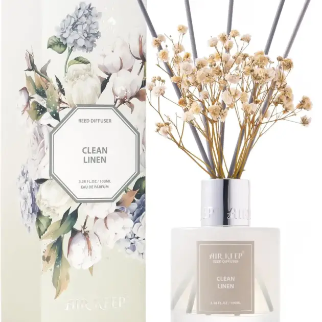 Reed Diffuser Set, 3.38 fl oz (100 ml) - Clean Linen Oil Diffusers with 8 Reed Sticks, Home Fragrance for Bathroom Shelf Decor,