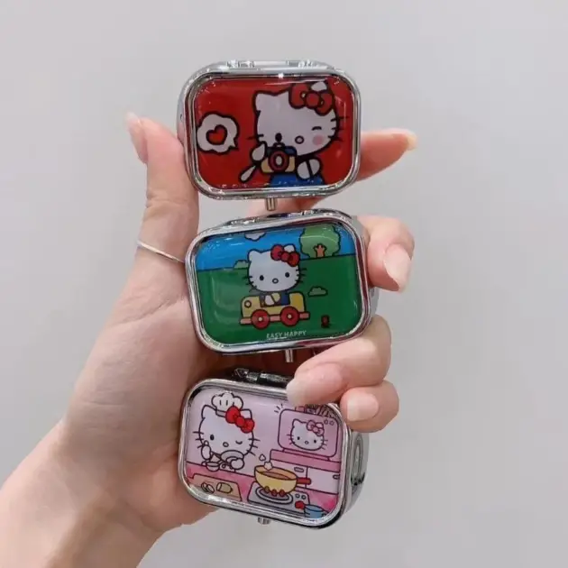Anime Hello Kitty Metal Storage Box Pill Organizer Compartmentalized Cute Cartoon Mini Jewelry Box Candy Container Kawaii