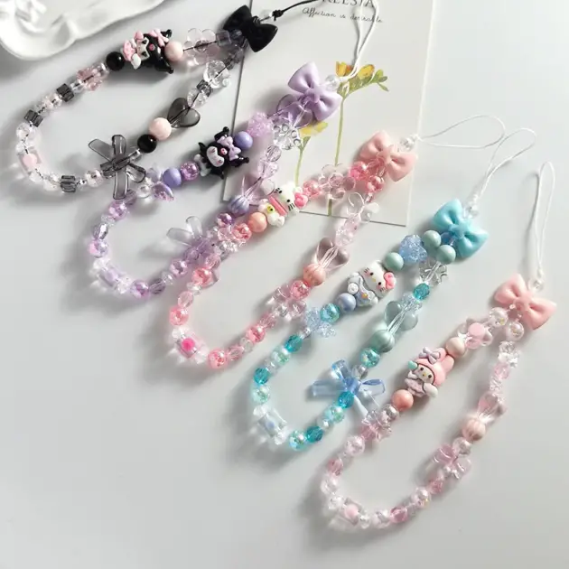 Sanrio Character Beaded Phone Strap Crystal Beads Phone Chain Bag Charm for Cinnamoroll Hello Kitty Kuromi Fans