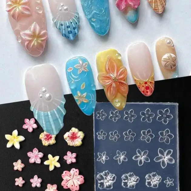 FULL BEAUTY Flower Nail Art Stencil Silicone Carving Mold Plumeria Frangipani Sakura Hawaii Hibiscus Pattern Design Blooming