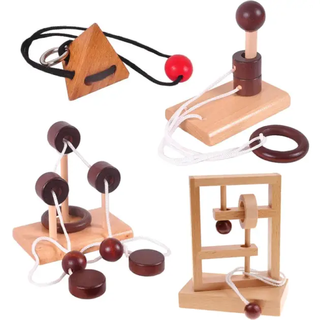 Wooden Rope and Ring Puzzle String Solution Central Brain Teaser For Kids Adults Problem Solving Educational Toys Fun Challenge
