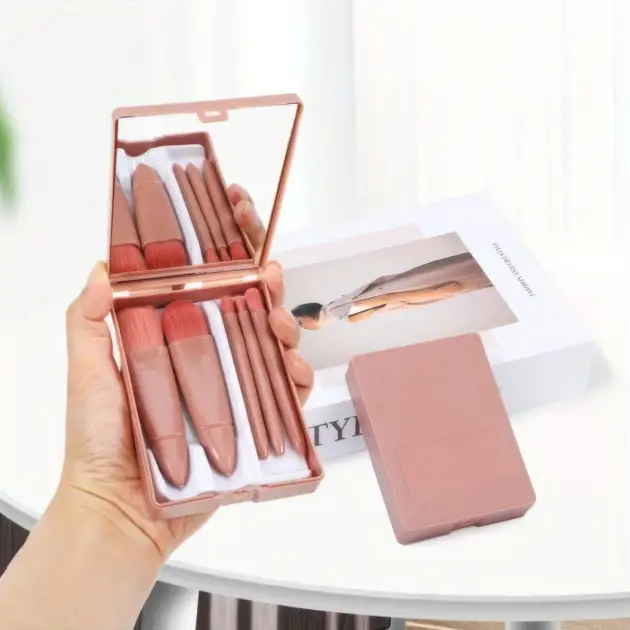 1 Set Chic Pink Makeup Brush Set - Mirror Compact, 5pcs Soft Bristles Versatile for Blush Eye Foundation